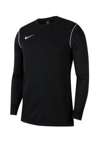 Zwart sportshirt met lange mouwen en een ronde hals, gemaakt van lichtgewicht stof. Heeft witte accenten op de schouders en een klein logo op de borst.
