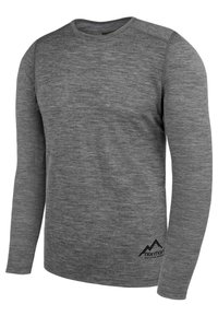 Graues Langarmshirt aus weichem, strukturiertem Stoff mit Rundhalsausschnitt und kleinem Logo mit Bergen in der unteren Ecke.