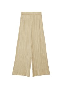 Faltende weitgeschnittene Hose in einem hellbeigen Farbton, ausgestattet mit einem hohen elastischen Bund für Komfort und einer glatten, strukturierten Oberfläche.