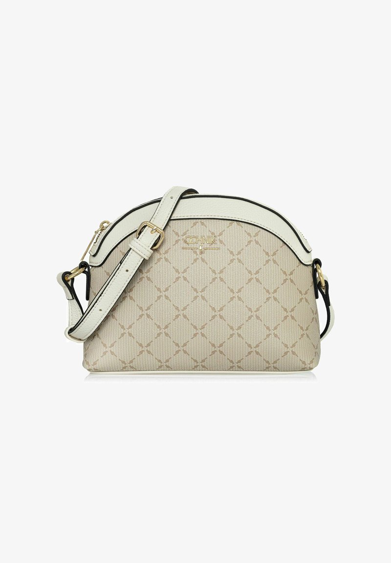 Beżowa torebka z wytłaczanym geometrycznym wzorem, kremowymi akcentami, złotym okuciem i regulowanym paskiem. Okrągła góra z zapięciem na zamek.