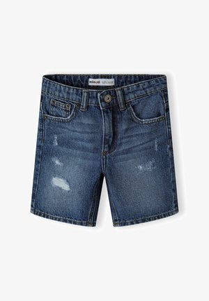 Kratke jeans hlače v temno modri barvi s klasično zasnovo petih žepkov, obrabljenimi detajli in trdnimi pasom z zapiranjem na kovinsko gumb.