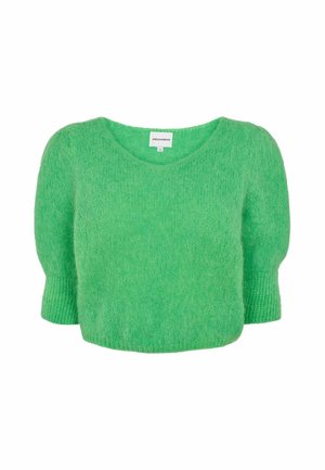 Pull en maille vert vif et duveteux avec des manches courtes et larges et un col rond, présenté sur fond blanc uni.