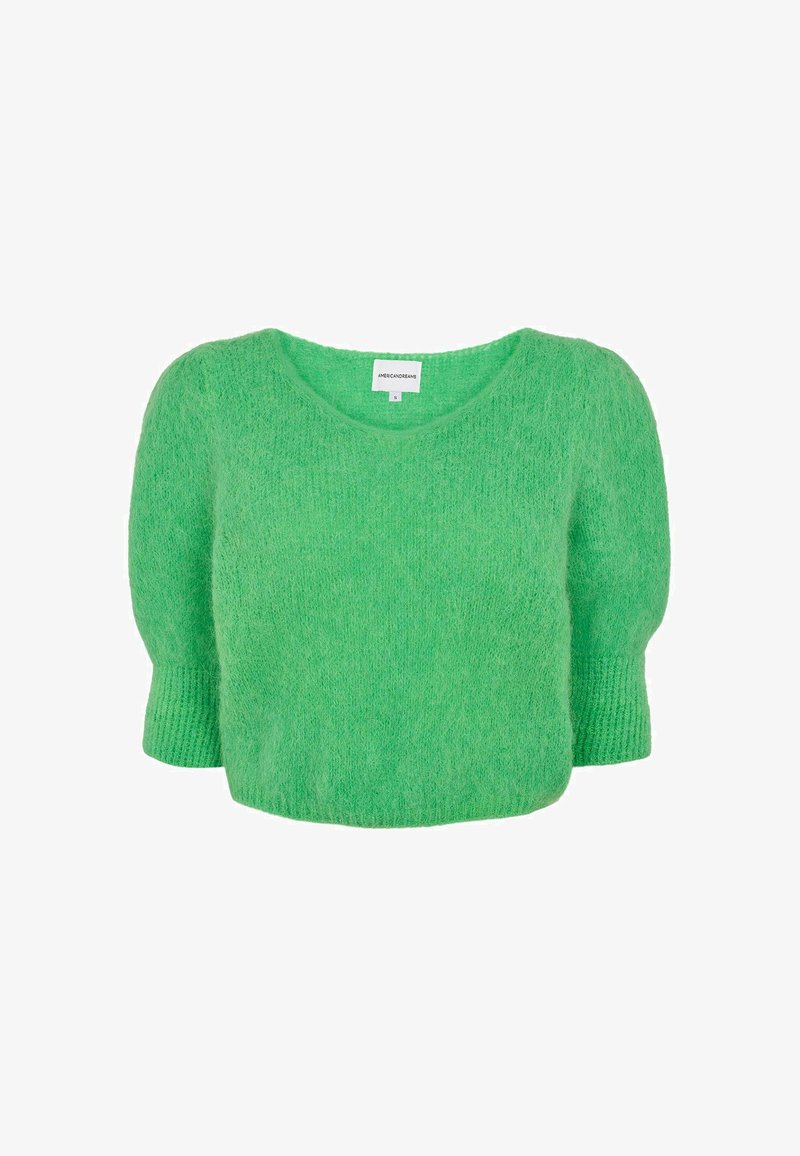 Pull en maille vert vif et duveteux avec des manches courtes et larges et un col rond, présenté sur fond blanc uni.