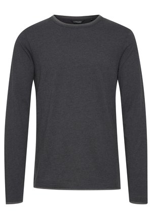 Langärmliges, dunkelgraues T-Shirt aus weichem Stoff, mit rundem Ausschnitt und kontrastierenden Besätzen entlang des Kragens und der Ärmel.