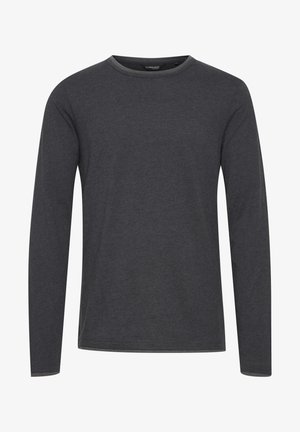 T-paita, jossa on pitkät hihat ja tummanharmaata pehmeää kangasta, pyöreä kaula-aukko ja kontrastivärinen viimeistely kauluksessa ja hihoissa.