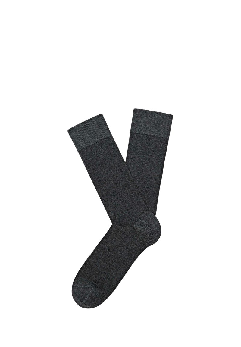 Calzini al ginocchio di colore grigio scuro con un corpo testurizzato e polsini a coste lisce a contrasto. Realizzati in materiale morbido ed elastico per garantire comfort.