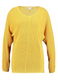 Yellow long-sleeve sweater, lightweight knit texture, scoop neckline, loose fit, featuring a central seam from neckline to hem.