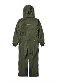 Vattentät snöoverall i olivgrönt med huva, utrustad med elastiska muddar, framfickor och förstärkta knälappar för hållbarhet.