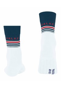 Białe skarpetki z granatowym ściągaczem, z czerwonym napisem "FALKE" oraz granatowymi, czerwonymi i białymi paskami. Gładka faktura z wzmocnioną piętą i palcami.