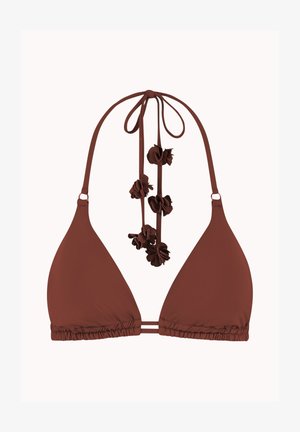 Top bikini triangolare marrone con laccetti alla nuca decorati con fiori di stoffa, banda elastica arricciata sul fondo.
