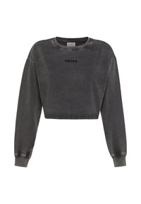 Sudadera corta en tela gris oscuro. Tiene mangas largas, escote redondo y el logo "DEHA" en negro al frente. Textura suave.