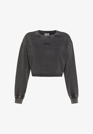Gekürzter Sweatshirt aus dunkelgrauem Stoff. Mit langen Ärmeln, Rundhalsausschnitt und schwarzem "DEHA"-Logo auf der Vorderseite. Weiche Textur.