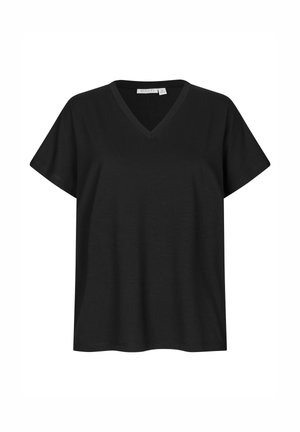 Black short-sleeve V-neck T-shirt with a straight hem and a visible size tag inside the neckline.