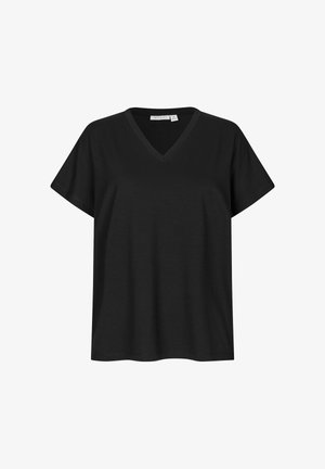 Maglietta nera a maniche corte con scollo a V, orlo dritto e etichetta della taglia visibile all'interno del collo.