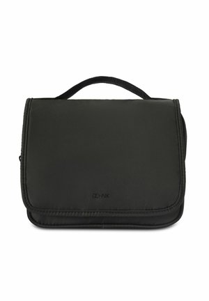 Kompaktowa czarna torba podróżna na kosmetyki z uchwytem u góry i klapą, z subtelnym napisem marki na przednim środku.