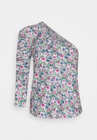 Top con motivo floreale caratterizzato da un collo asimmetrico, manica lunga su un lato e realizzato in tessuto leggero. I colori includono rosa, blu e verde.