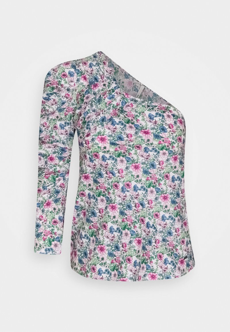 Top con motivo floreale caratterizzato da un collo asimmetrico, manica lunga su un lato e realizzato in tessuto leggero. I colori includono rosa, blu e verde.