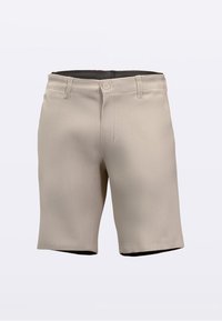 Beige Baumwollshorts mit geradem Schnitt, Taschen vorne und einem einzelnen Knopfverschluss. Glatte Textur mit einem sauberen, minimalistischen Design.