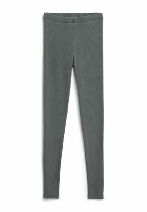 Grijze legging van een gestructureerde stof, met een brede elastische tailleband en taps toelopende pijpen, geschikt voor casual draagstijl.