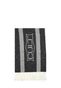Sciarpa di lana grigia con strisce grigie chiare, estremità frangiate e un design centrale del logo. Texture morbida con un motivo minimalista.