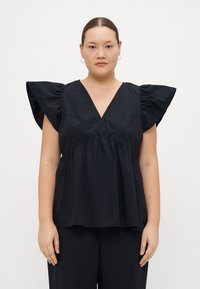Black blouse with a deep V-neck, short puff sleeves, and gathered waist. Made of lightweight fabric with a smooth texture.