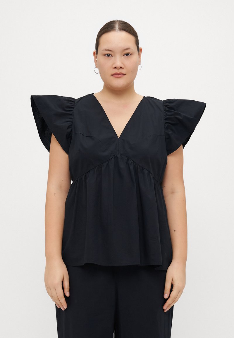 Black blouse with a deep V-neck, short puff sleeves, and gathered waist. Made of lightweight fabric with a smooth texture.