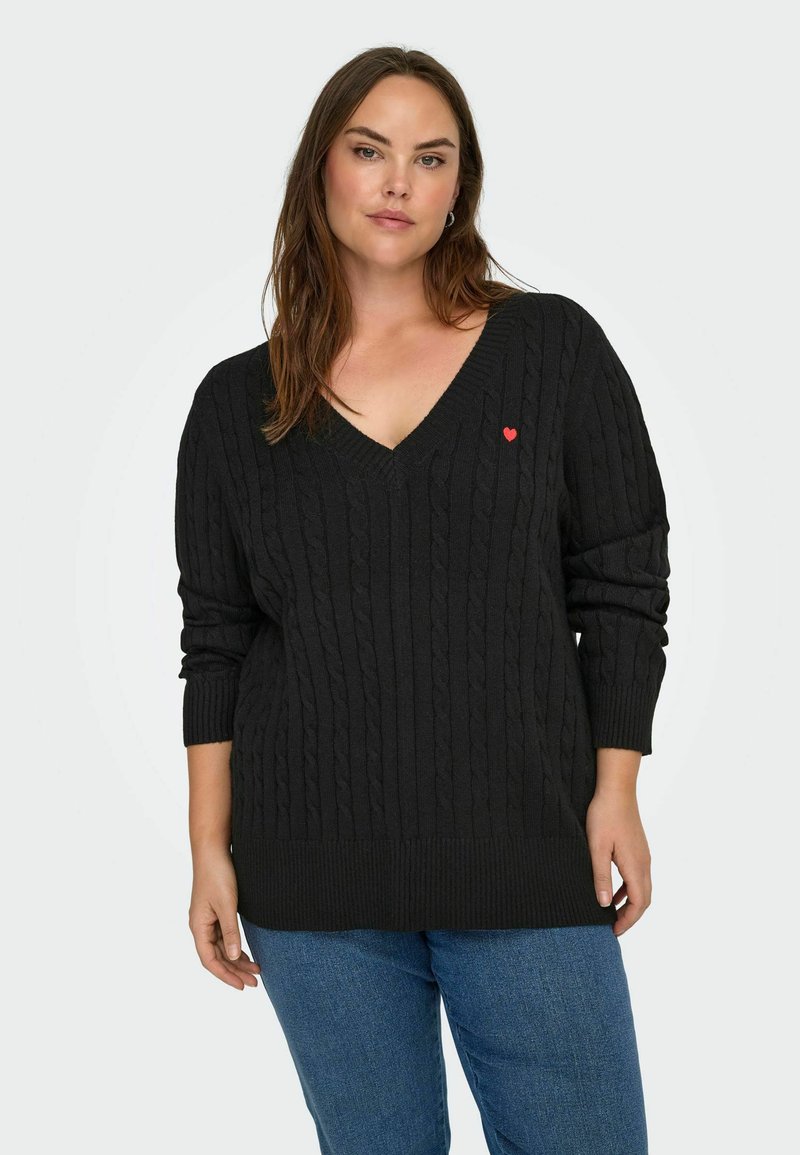 Black cable-knit sweater featuring a V-neck and long sleeves. Highlighted with a small red heart detail on the chest.