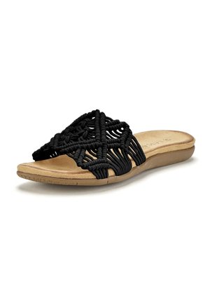 Schwarze Makramé-Rutschsandale mit geometrischem Design und beigem gepolstertem Fußbett. Flexibel, offenes Zehenstück, mit gewebter Textur und niedrigem Profil.