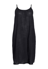 Vestito nero senza maniche in tessuto leggero, con un motivo testurizzato, scollatura elastica e silhouette ampia e rilassata.