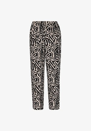 Black and cream abstract patterned trousers with an elastic waistband, tapered legs, and lightweight fabric. Suitable for casual wear.