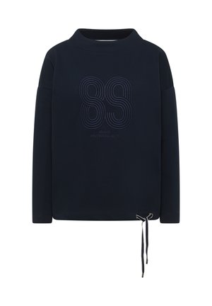 Tmavě modrá mikina s vysokým límcem, dlouhými rukávy a odnímatelným stahovacím poutkem na spodním lemu. Na přední straně je našitý grafický motiv "89" a nápis. Hladká textura.