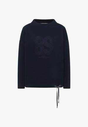 Sweat-shirt bleu marine avec un col montant, des manches longues et un cordon de serrage amovible à l'ourlet. Présente un graphisme "89" et un texte cousus. Texture lisse.