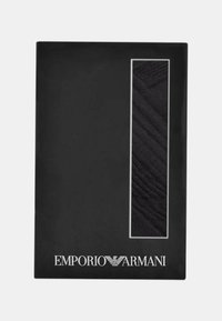 Portafoglio nero rettangolare con un pannello scuro testurizzato, dotato di un bordo bianco e del marchio "EMPORIO ARMANI" in basso.