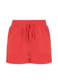 Røde stribede shorts med elastisk talje, justerbar snøre og to sidelommer. Blødt stof med en tekstureret overflade.