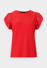 Top corto rosso a maniche corte con motivo a occhiello, scollo rotondo e maniche leggermente a sbuffo. Tessuto liscio, vestibilità casual.