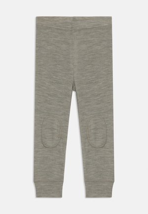 Gray leggings made of soft, textured fabric, featuring knee patches and snug cuffs at the ankles. Designed for comfort and durability.