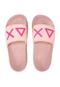 Infradito rosa con una soletta testurizzata, caratterizzate da una fascia ampia decorata con forme geometriche rosa vivaci. Materiale flessibile, design open-toe.