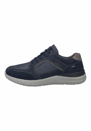 Navy blue sneakers made of suede and mesh, featuring a rounded toe, lace-up design, reinforced heel, and light grey rubber sole.