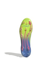 Soccer cleat sole in vibrant green, blue, and pink colors. Features six clear studs and curved grooves for traction. Textured finish.