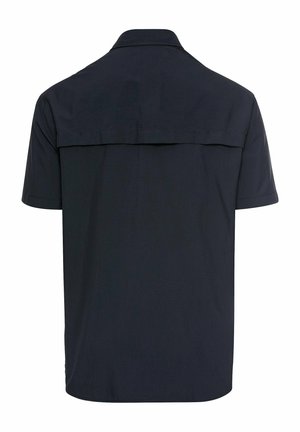 Kurzärmliges, dunkelblaues Hemd mit einem schlichten Design, gerader Schnitt und einem Rückenpasse-Detail. Hergestellt aus leichtem Stoff, ohne sichtbare Muster.