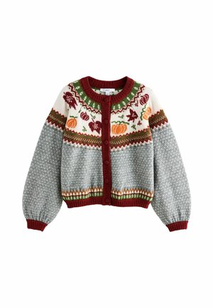Next, LONG SLEEVE CREW NECK BOMBER CARDIGAN - Strickjacke - grey red autumnal fairisle