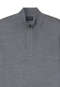 Maglione grigio a mezzo zip in maglia con collo alto a coste e cursore della cerniera, etichetta taglia media del marchio Olymp Casual.
