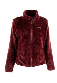 Giacca in pile bordeaux con colletto alto, zip frontale, texture a diamante e un piccolo logo in pelle sul lato sinistro.
