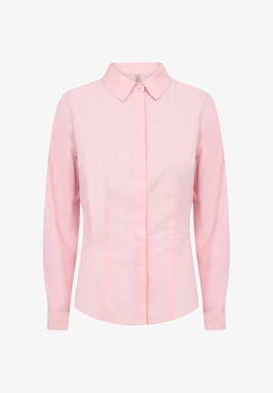 Világos rózsaszín, hosszú ujjú ing gallérral és elöl gombos záródással. Függőleges redőkkel és sima, puha tapintású anyagból.