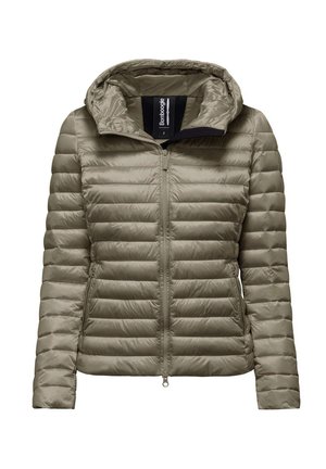 Giacca imbottita con cappuccio di un verde tenue, caratterizzata da una texture trapuntata orizzontale, zip frontale e tessuto morbido e liscio. Design leggero.