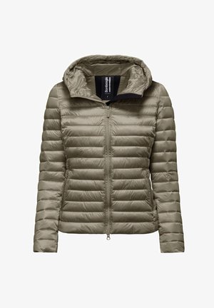 Giacca imbottita con cappuccio di un verde tenue, caratterizzata da una texture trapuntata orizzontale, zip frontale e tessuto morbido e liscio. Design leggero.