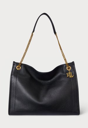 Black leather handbag with a soft, textured surface, gold chain handle, and an accent logo tag featuring "RL." Sleek and structured design.