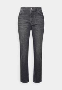 Mustat farkut korkea vyötärö, suora lahjemuoto. Ominaisuuksiin kuuluu viisi taskua, etuvetoketju ja nappikiinnitys sekä minimaalinen haalistuminen.