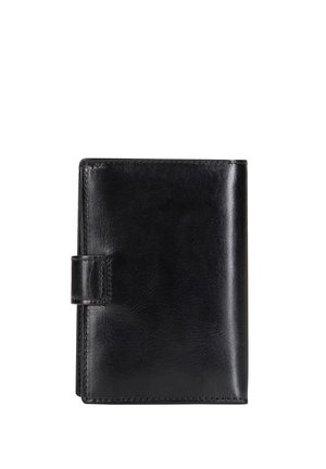 Black leather wallet with a flap closure, smooth texture, and visible stitching along edges, shown closed on a white background.