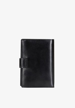 Black leather wallet with a flap closure, smooth texture, and visible stitching along edges, shown closed on a white background.